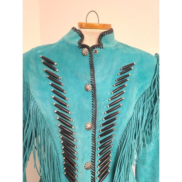 Vtg Cripple Creek Western Boho Fringe Leather Jacket MEDIUM Cowgirl Rodeo Blue M - Picture 9 of 9